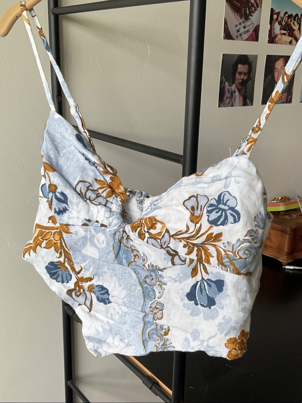Reformation Blue Floral Cropped “going out” linen Cami with Mustard Accents